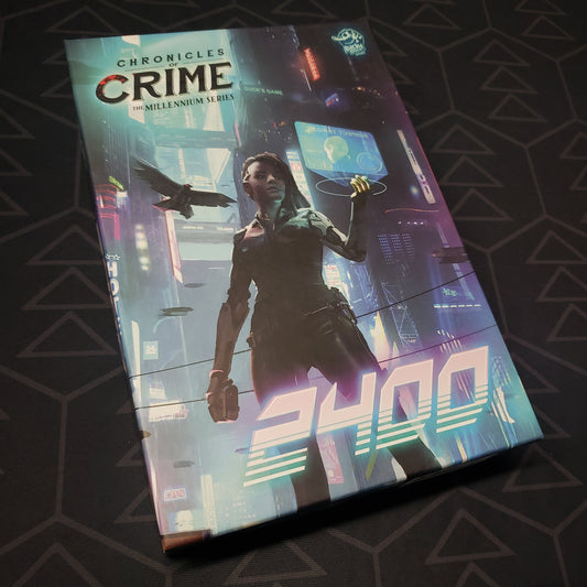 Image shows the front cover of the box for the Chronicles of Crime: 2400 board game