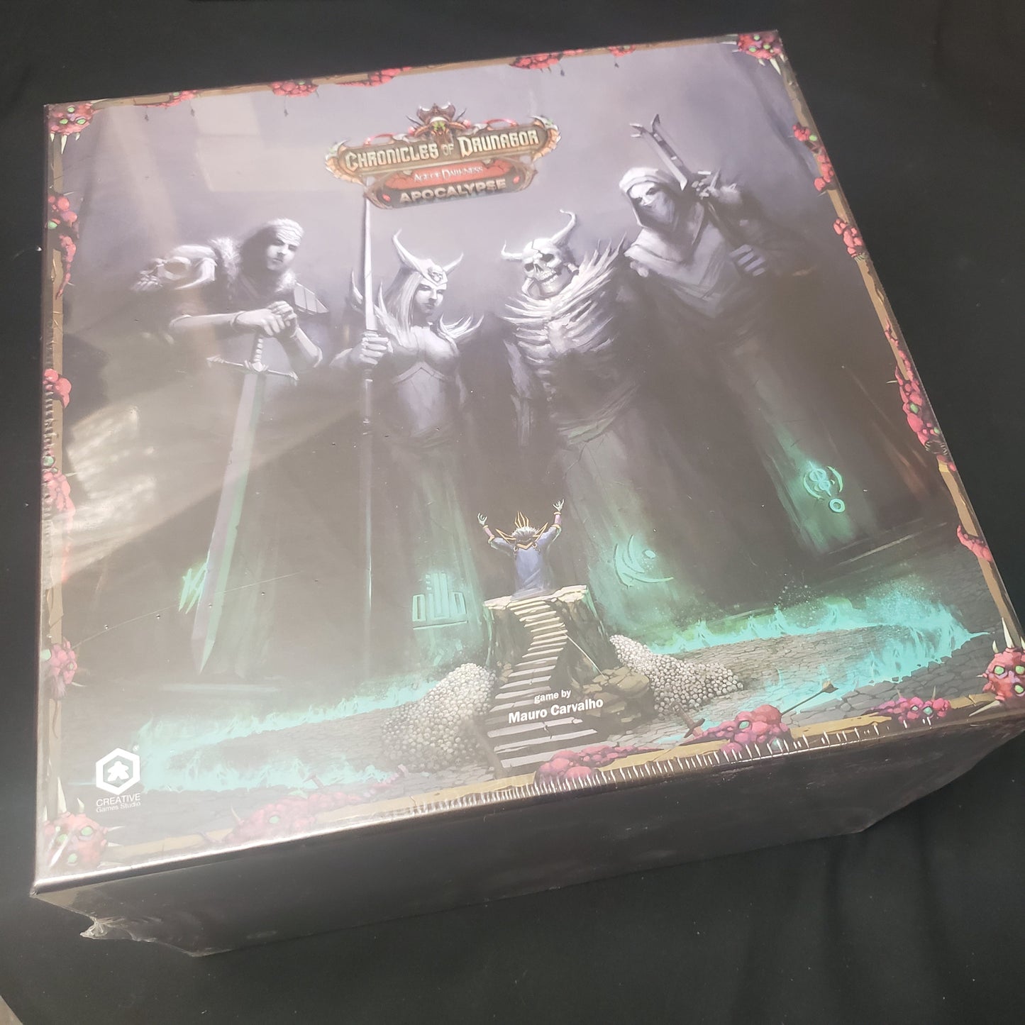 Image shows the front cover of the box of the Apocalypse expansion for the board game Chronicles of Drunagor: Age of Darkness