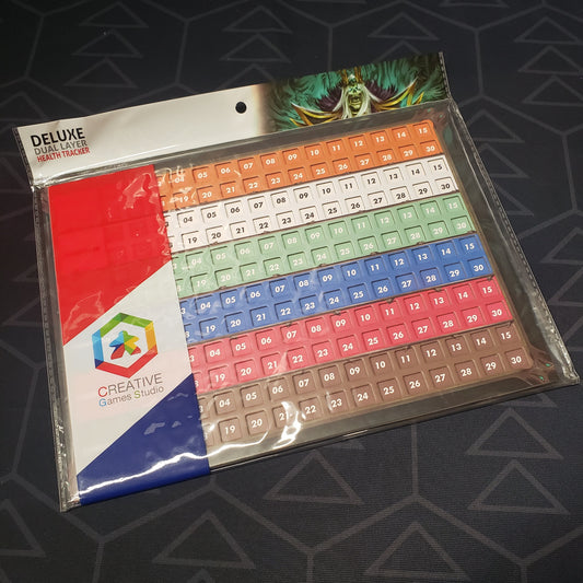 Image shows the front of the package of the Deluxe Dual Layer Health Tracker for the board game Chronicles of Drunagor: Age of Darkness