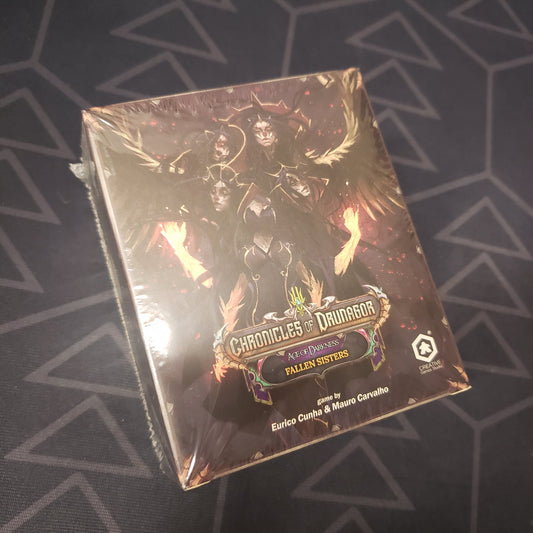 Image shows the front cover of the box of the Fallen Sisters expansion for the board game Chronicles of Drunagor: Age of Darkness