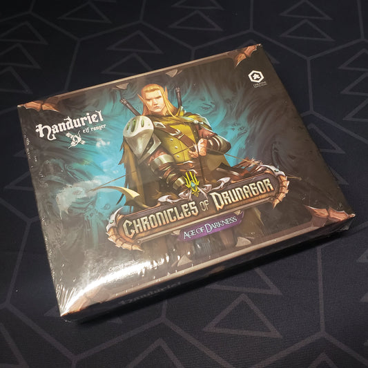 Image shows the front cover of the box of the Handuriel, Elf Ranger expansion for the board game Chronicles of Drunagor: Age of Darkness