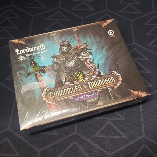 Image shows the front cover of the box of the Lordwrath, Human Shadow Knight expansion for the board game Chronicles of Drunagor: Age of Darkness