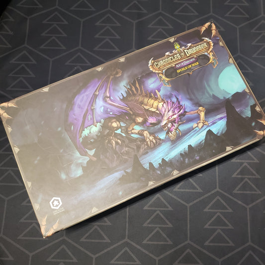 Image shows the front cover of the box of the Spoils of War expansion for the board game Chronicles of Drunagor: Age of Darkness