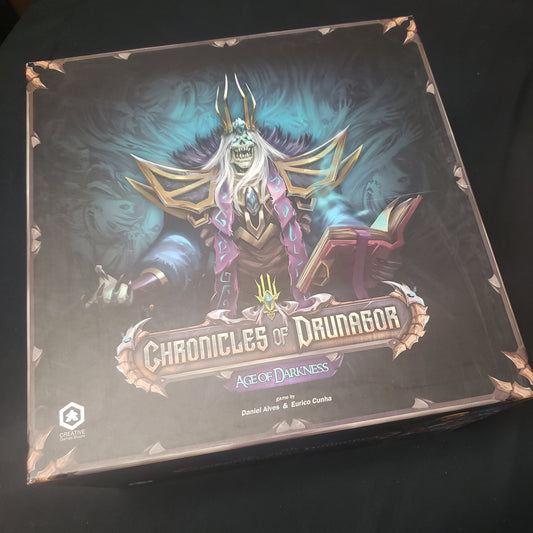 Image shows the front cover of the box of the Chronicles of Drunagor: Age of Darkness board game