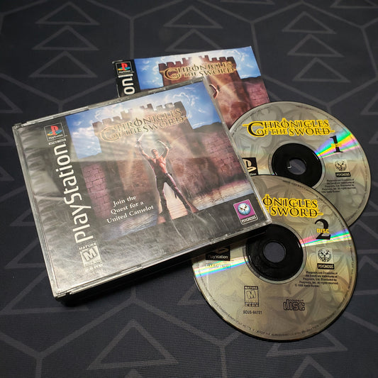 Image shows the jewel case with manual and two discs for the video game Chronicles of the Sword for Playstation 1