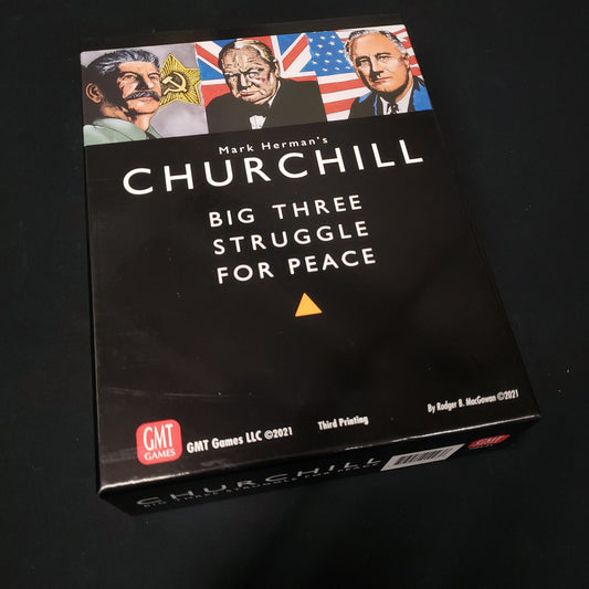 Image shows the front cover of the box of the Churchill board game