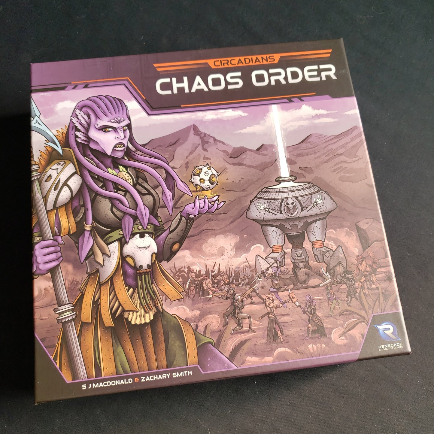 Image shows the front cover of the box of the Circadians: Chaos Order board game