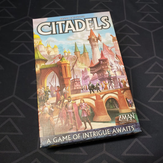 Image shows the front cover of the box for the Citadels (2021 Revised Edition) card game