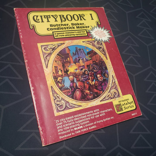 Image shows the front cover of the Citybook I: Butcher, Baker, Candlestick Maker roleplaying game book