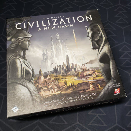 Image shows the front cover of the box of the Civilization: A New Dawn board game