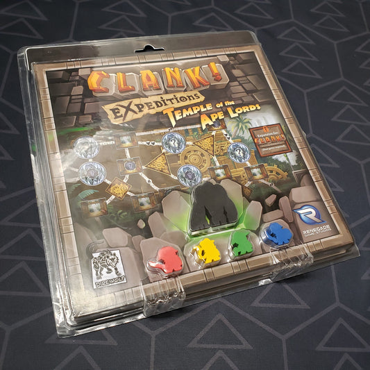 Image shows the front of the packaging of the Expeditions: Temple of the Ape Lords expansion for the board game Clank!