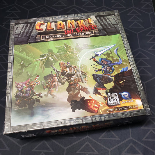 Image shows the front cover of the box of the Clank In Space board game