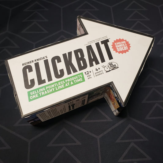 Image shows the front cover of the box for the Clickbait card game