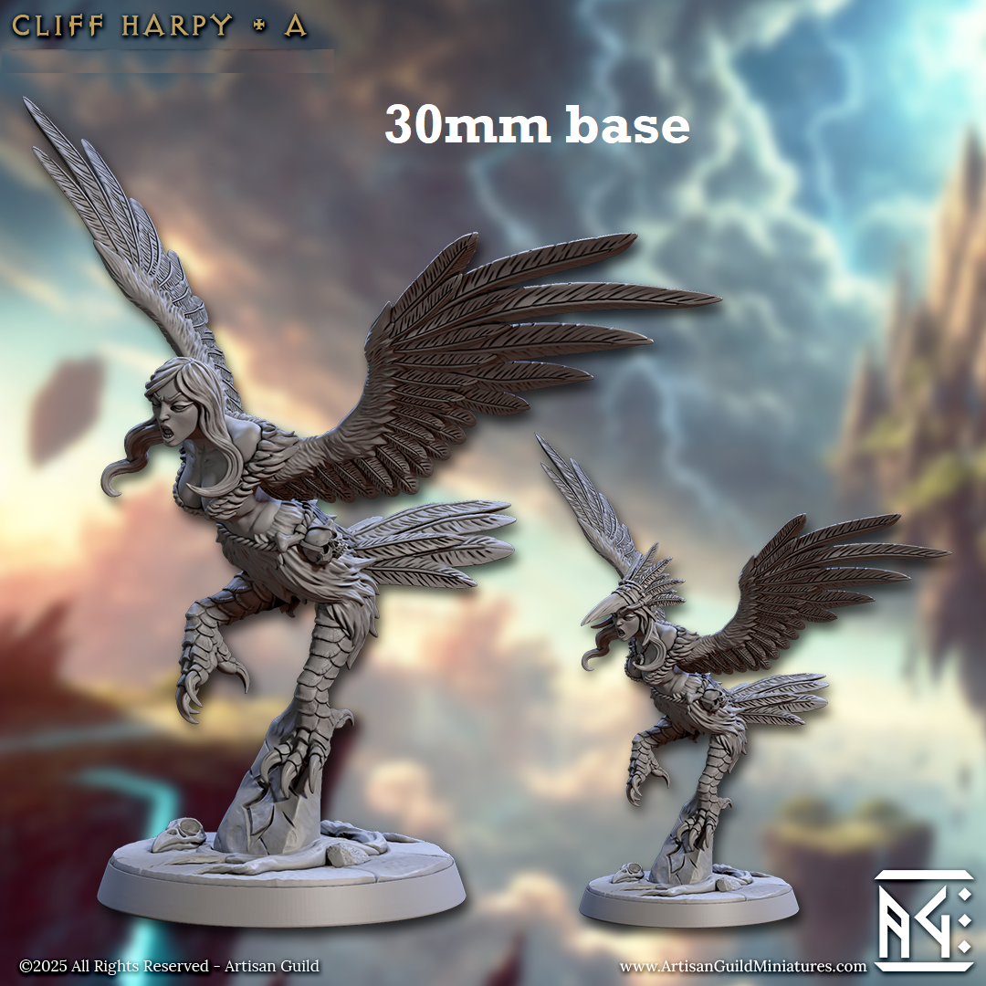 Image shows 3D renders of two sculpt options for a harpy gaming miniature.