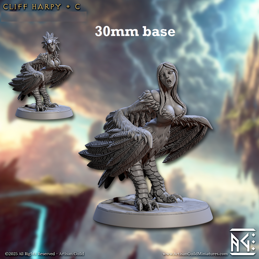 Image shows 3D renders of two sculpt options for a harpy gaming miniature.