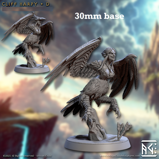 Image shows 3D renders of two sculpt options for a harpy gaming miniature.