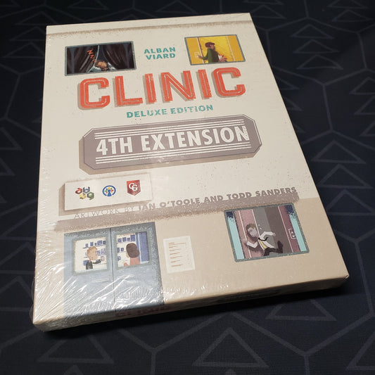 Image shows the front of the box for the 4th Extension expansion for the board game Clinic: Deluxe Edition