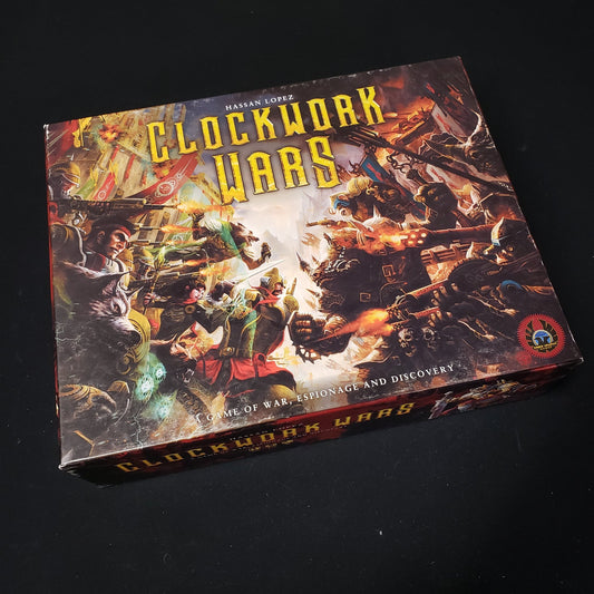 Image shows the front cover of the box of the Clockwork Wars board game