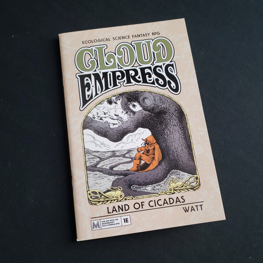 Image shows the front cover of the Land of Cicadas book for the Cloud Empress roleplaying game