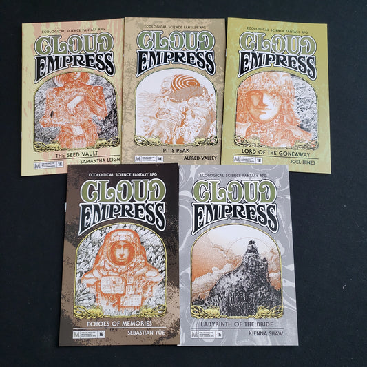 Image shows the front covers of 5 adventure zines for the Cloud Empress roleplaying game