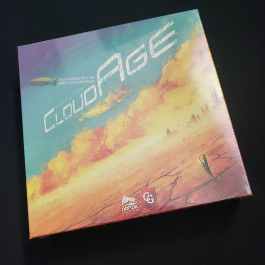 Image shows the front cover of the box of the CloudAge board game