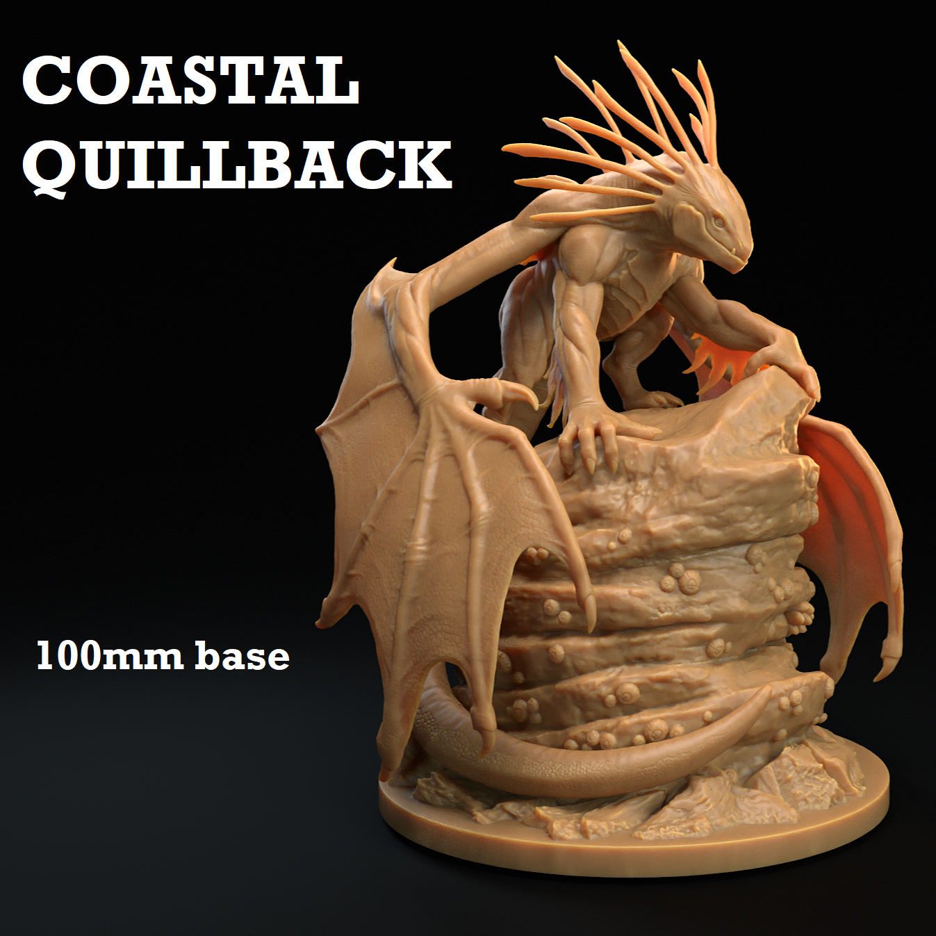 Image shows a 3D render of a sea dragon gaming miniature perched on a rock
