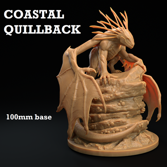 Image shows a 3D render of a sea dragon gaming miniature perched on a rock