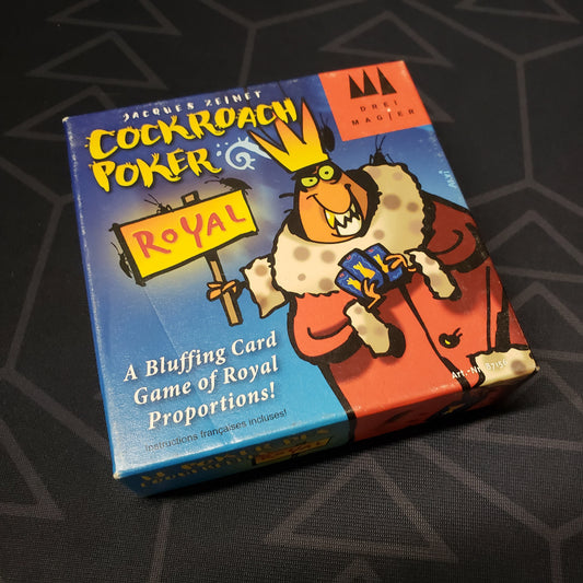 Image shows the front cover of the box of the Cockroach Poker Royal card game