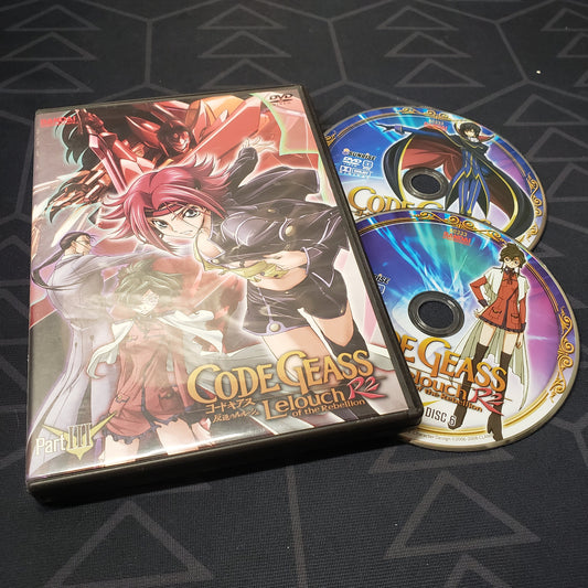 Image shows the case & two discs for the Part 3 episode set of the anime TV series Code Geass Lelouch of the Rebellion R2 on DVD