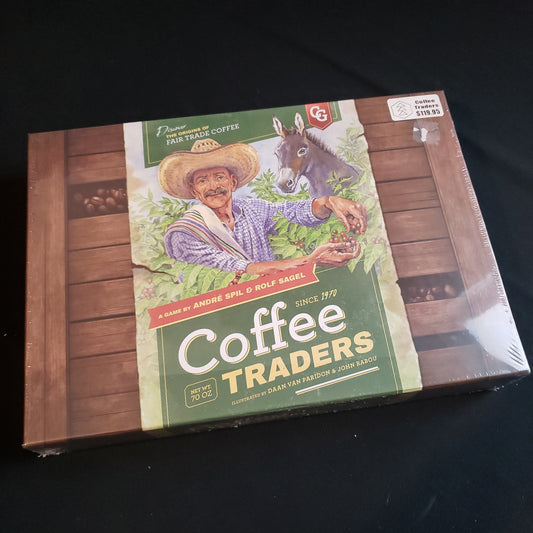 Image shows the front cover of the box of the Coffee Traders board game