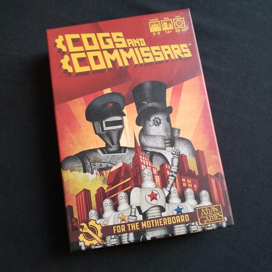 Image shows the front cover of the box of the Cogs & Commissars card game