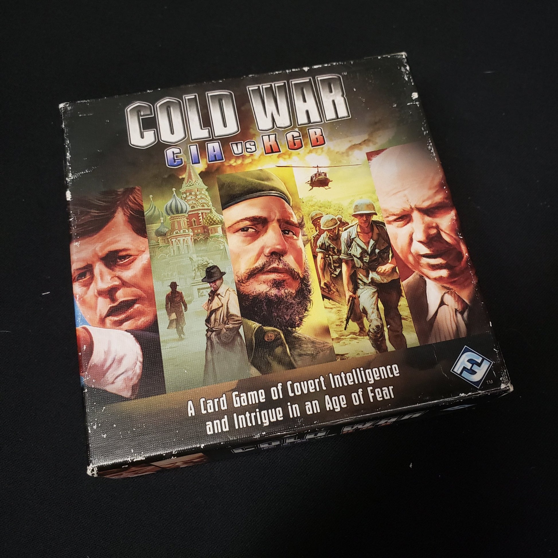 Image shows the front cover of the box of the Cold War: CIA vs KGB card game