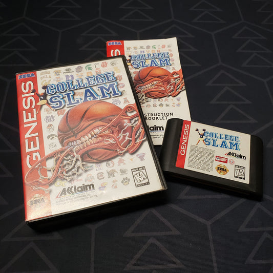 Image shows the case, manual and cartridge for the video game College Slam for Sega Genesis