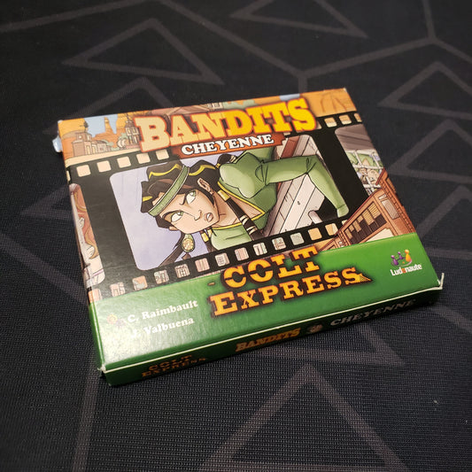 Image shows the front cover of the box of the Bandits: Cheyenne expansion for the board game Colt Express
