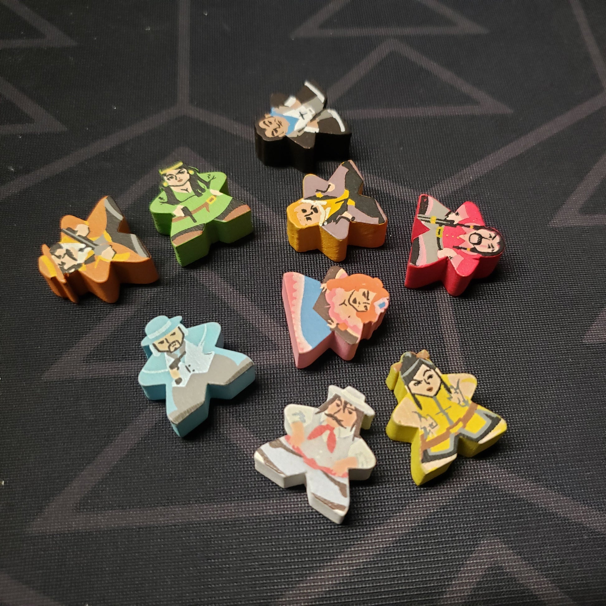 Image shows the components of the Character Meeples pack for the board game Colt Express