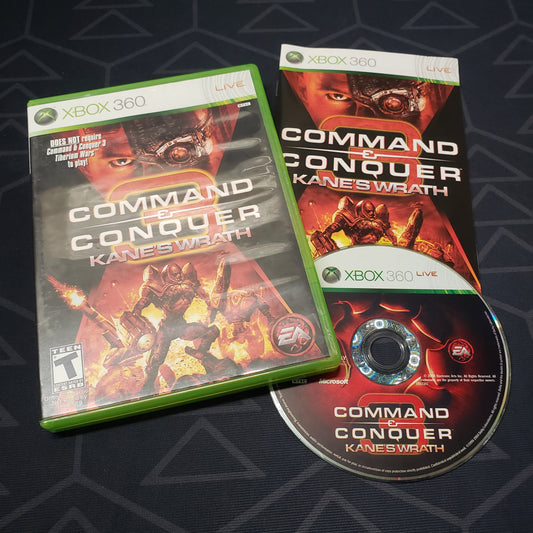 Image shows the case, manual and disc for the video game Command & Conquer 3: Kane's Wrath for Xbox 360