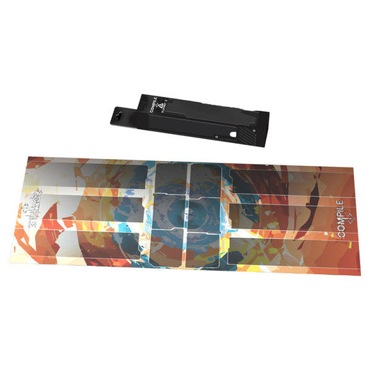 Image shows the box and artwork for the second official playmat for the card game Compile
