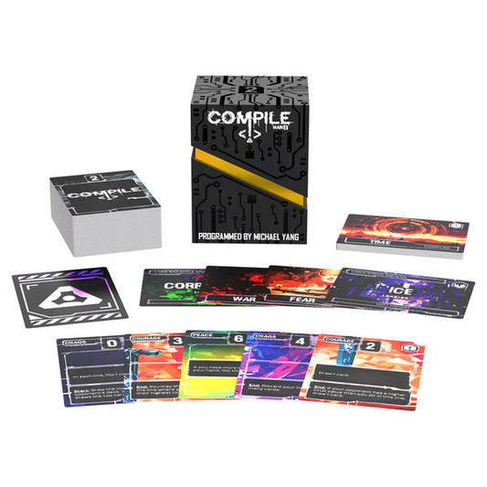 Image shows the front cover of the box for the card game Compile: Main 2 with the cards fanned out around it