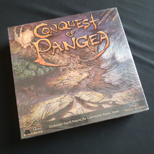 Image shows the front cover of the box of the Conquest of Pangea board game