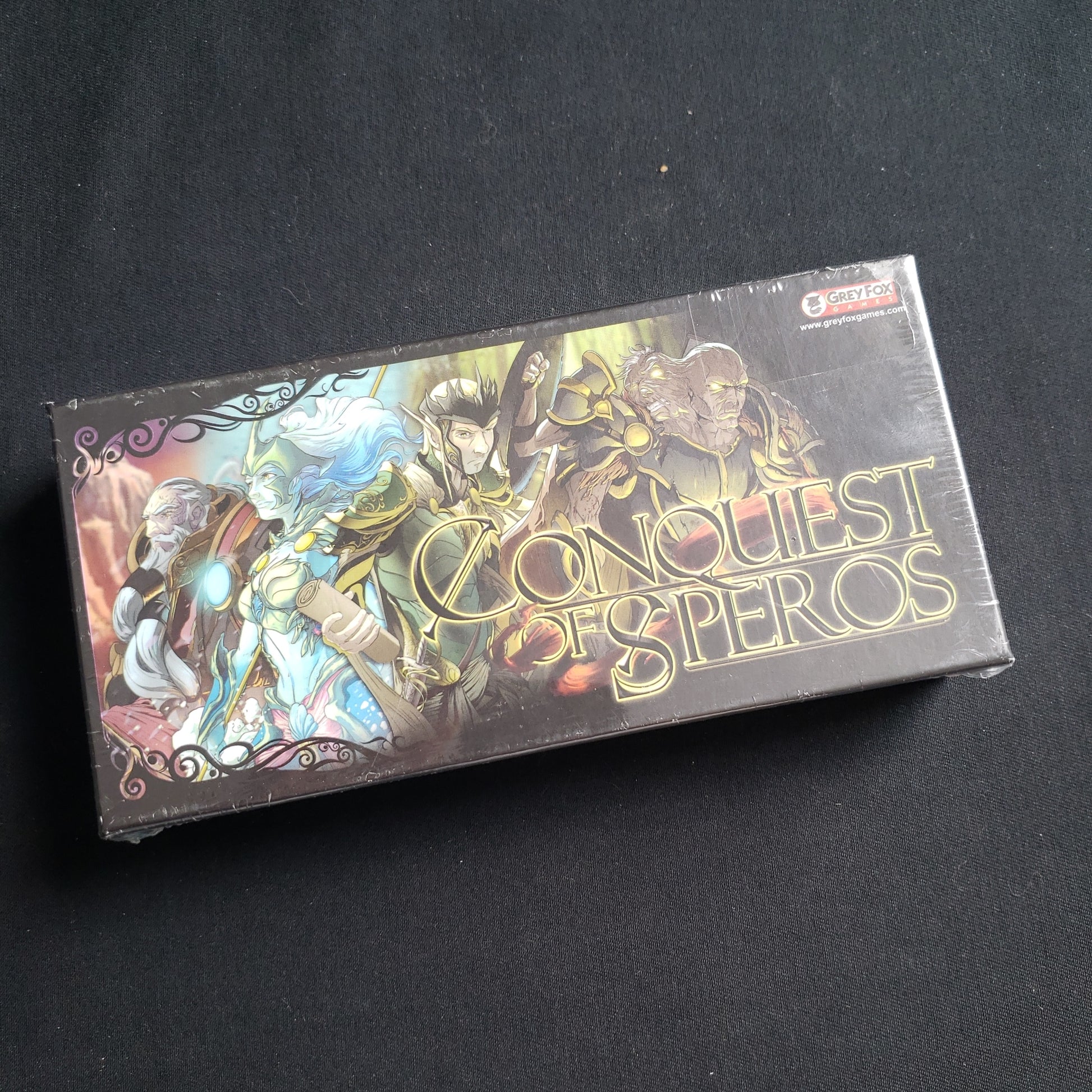 Image shows the front cover of the box of the Conquest Of Speros board game