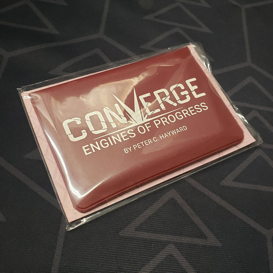 Image shows the front of the card wallet for the Converge: Engines of Progress card game