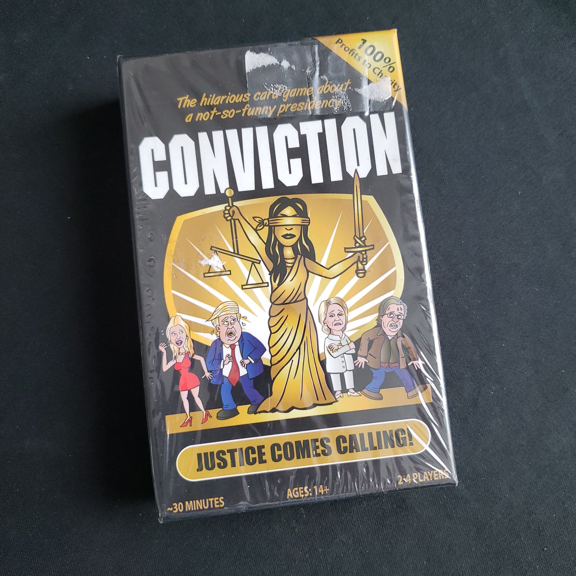 Image shows the front cover of the box of the Conviction card game