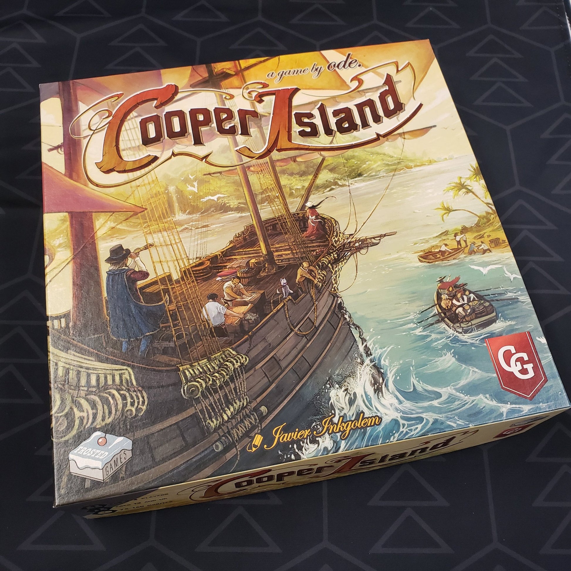 Image shows the front cover of the box of the Cooper Island board game