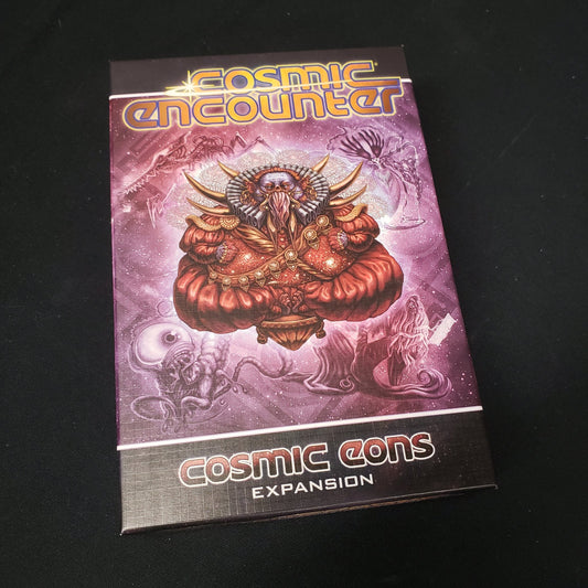 Image shows the front cover of the box for the Cosmic Eons expansion from the board game Cosmic Encounter