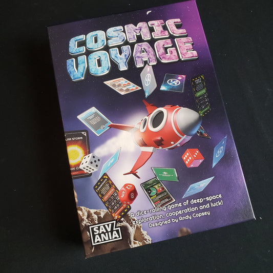 Image shows the front cover of the box of the Cosmic Voyage board game
