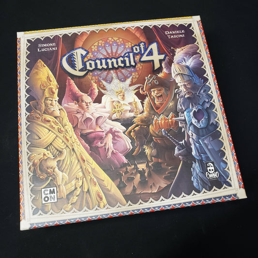 Image shows the front cover of the box of the Council of 4 board game