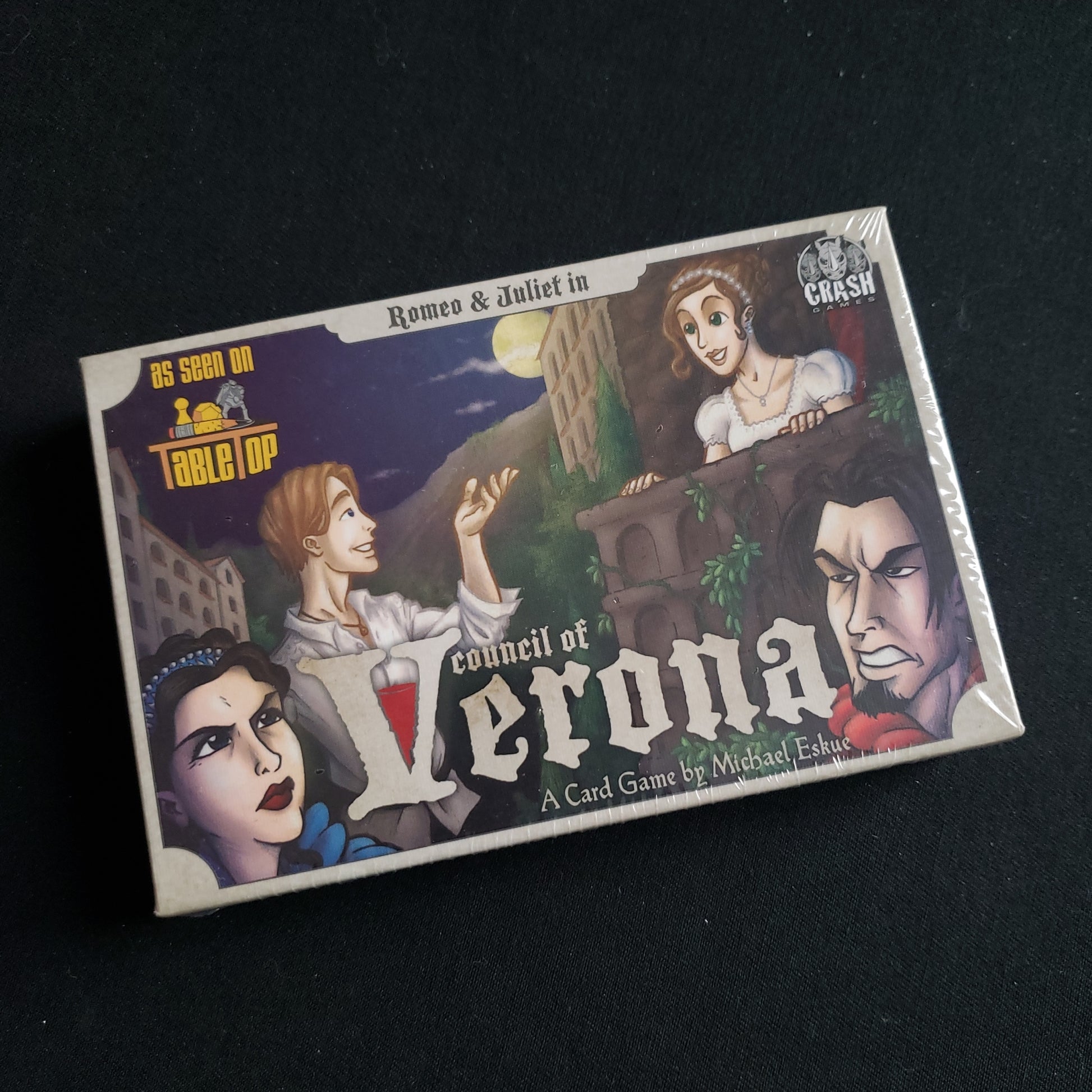 Image shows the front cover of the box of the Council of Verona card game