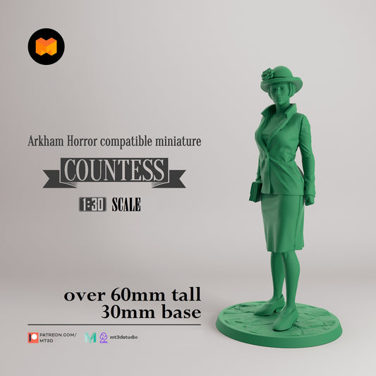 Image shows a 3D render of a 1920s era countess gaming miniature