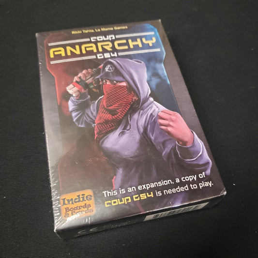 Image shows the front cover of the box of the Anarchy expansion for the card game Coup: Rebellion G54
