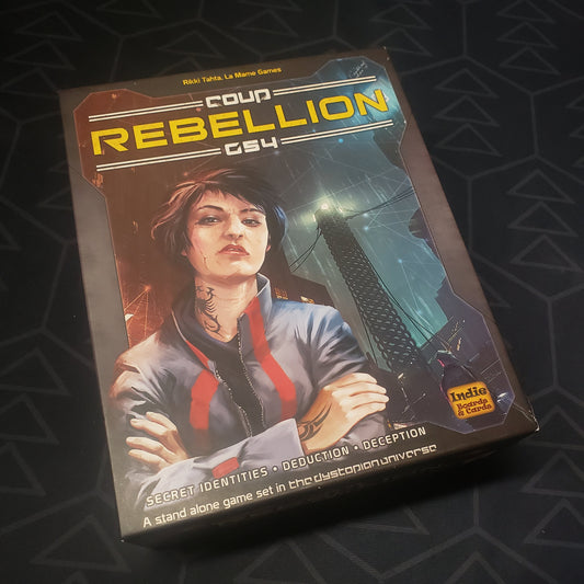 Image shows the front cover of the box of the Coup Rebellion G54 board game